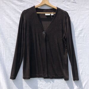 Black Patterned Knit One Button Shirt Chico's Travelers Size 2 Acetate